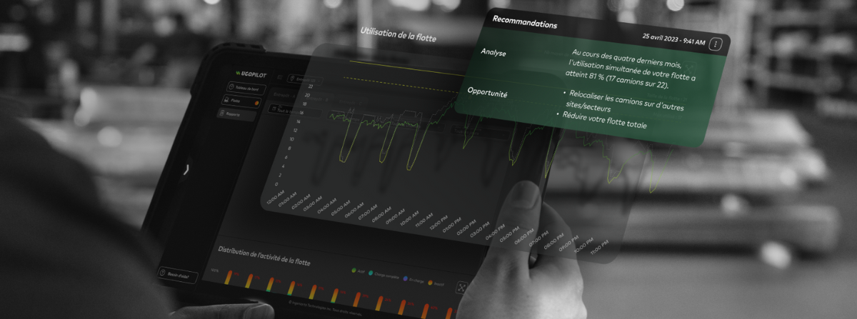 Main tenant une tablette affichant les analyses d’utilisation de la flotte dans UgoPilot.