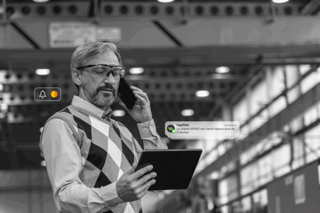 Gestionnaire d'entrepôt utilisant une tablette et un téléphone avec notification UgoPilot