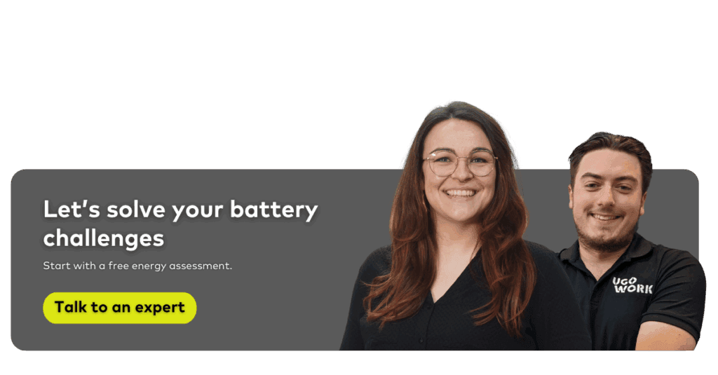 UgoWork banner inviting users to talk to an expert about solving battery challenges, featuring two team members.