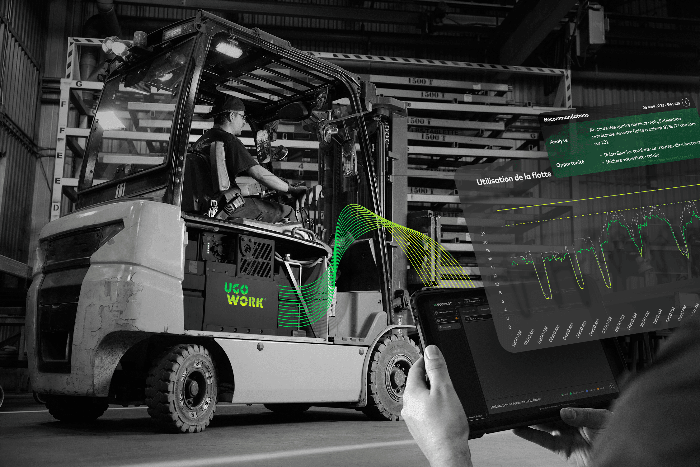 Opérateur de chariot élévateur utilisant un système de gestion de flotte intelligent dans un entrepôt industriel