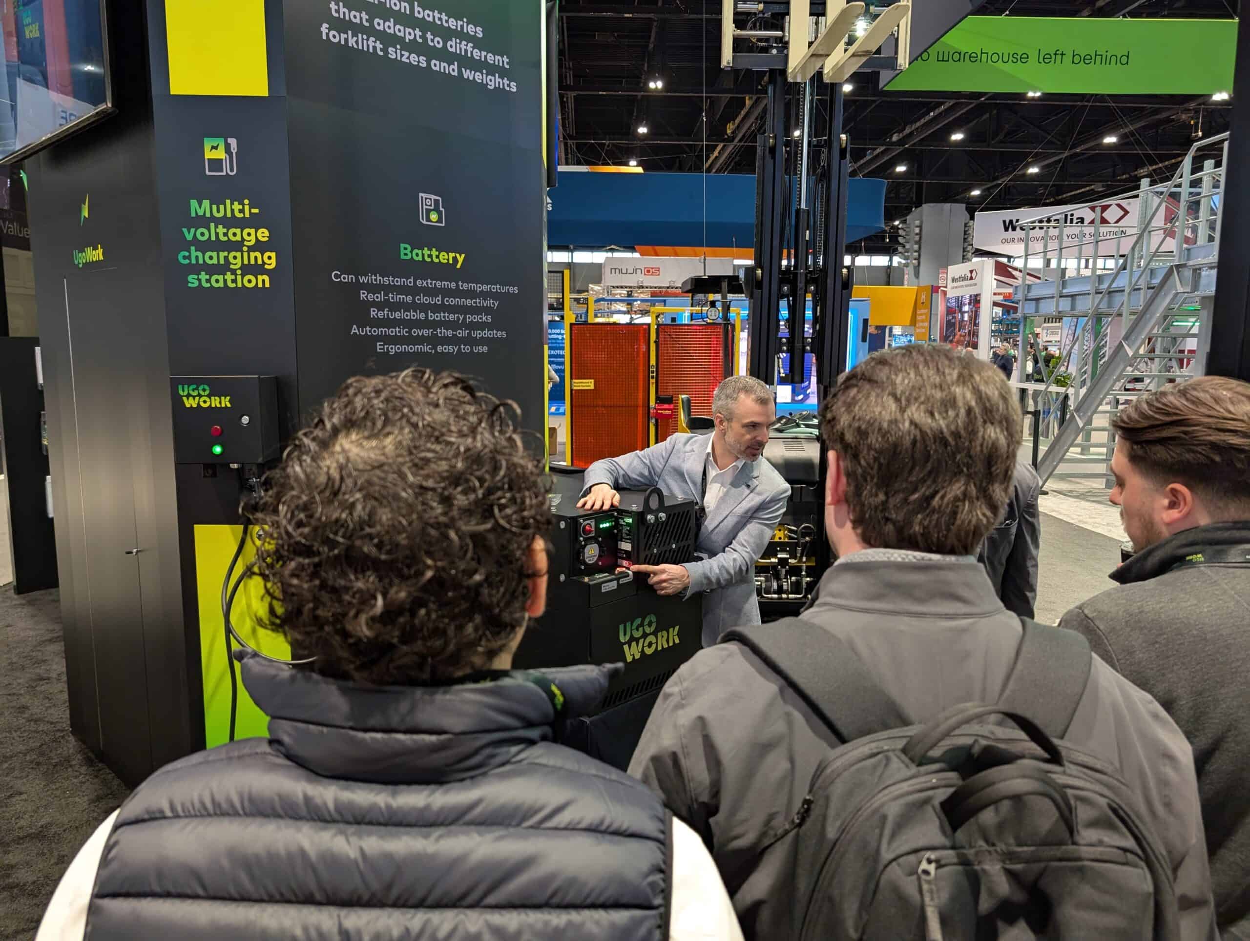 Demonstration of a UgoWork lift truck battery at ProMat.
