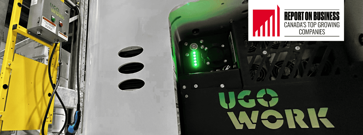 Close-up of a UgoWork lithium-ion battery charging in a warehouse, with Canada’s Top Growing Companies badge from The Globe and Mail.