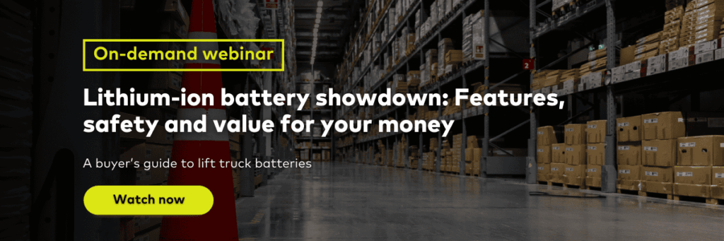 Webinar banner on lift truck battery ROI, featuring JF Marchand, over a warehouse background