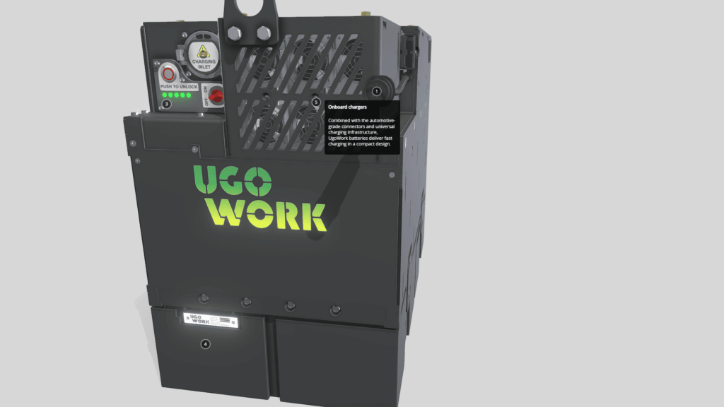 UgoWork battery for industrial use, featuring a control panel with various buttons and indicators.