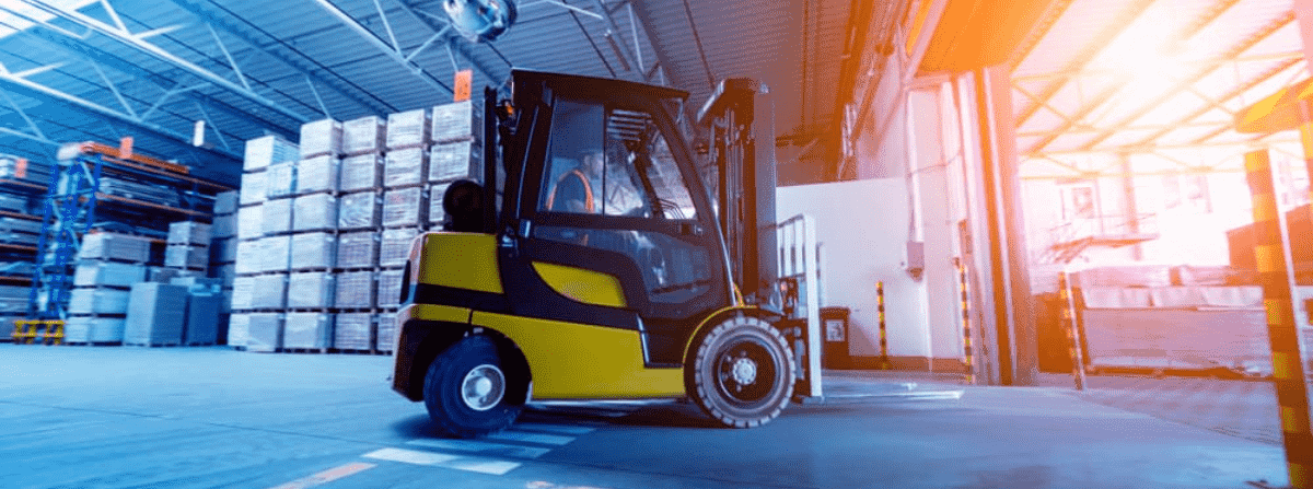Forklift loader in storage warehouse ship yard