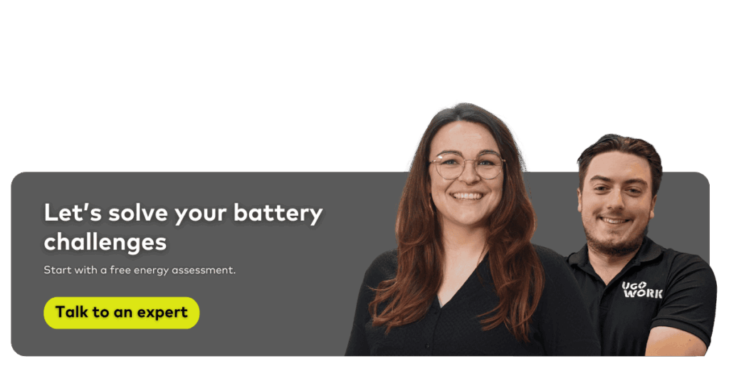 UgoWork banner inviting users to talk to an expert about solving battery challenges, featuring two team members.