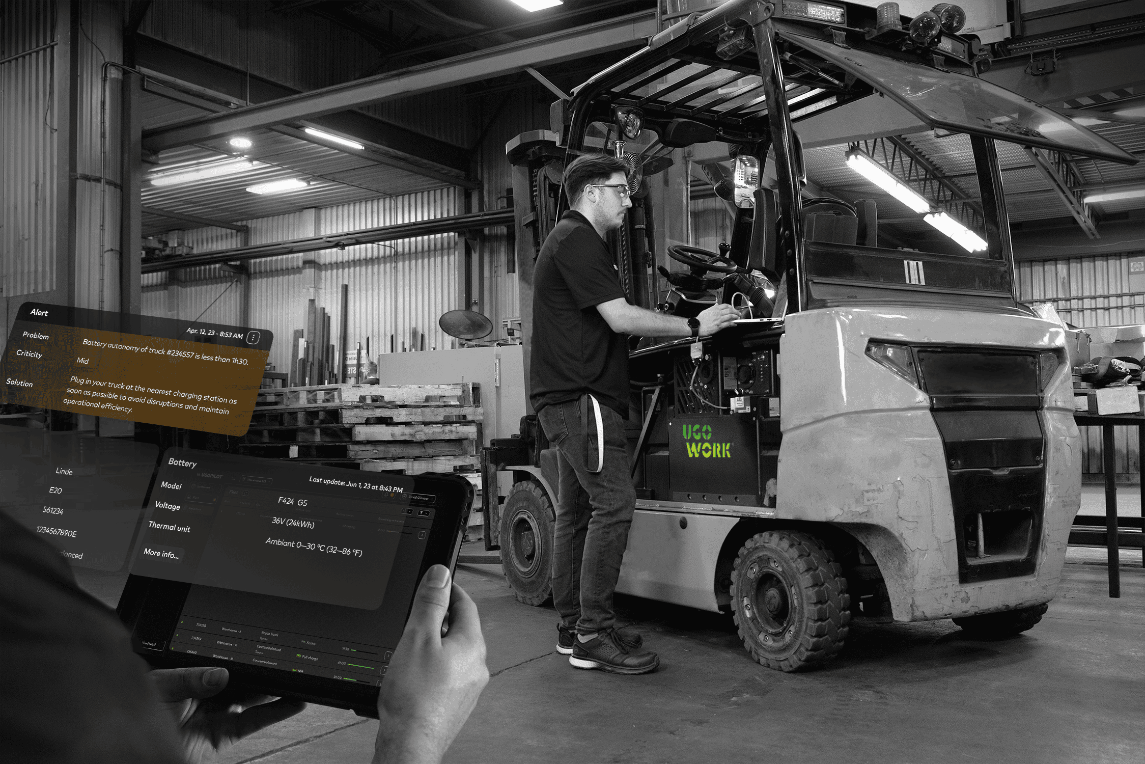Energy expert inspecting a forklift powered by a UgoWork battery, while another person monitors battery alerts and performance data on a tablet.