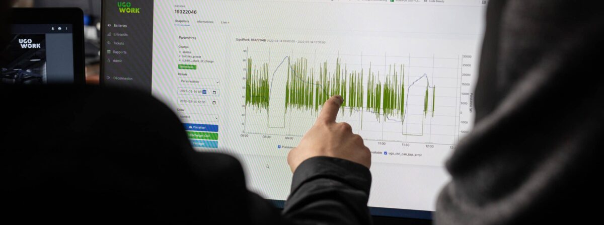 UgoWork customer success pointing at electric forklift energy usage on a monitor