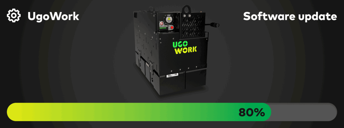 A UgoWork battery performing a software update and displaying 80% completion.