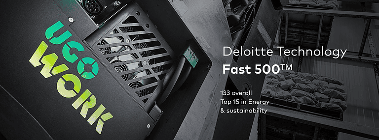 UgoWork battery in a forklift with a mention of their ranking at place 133 overall et in the 15th segement of energy and sustainability