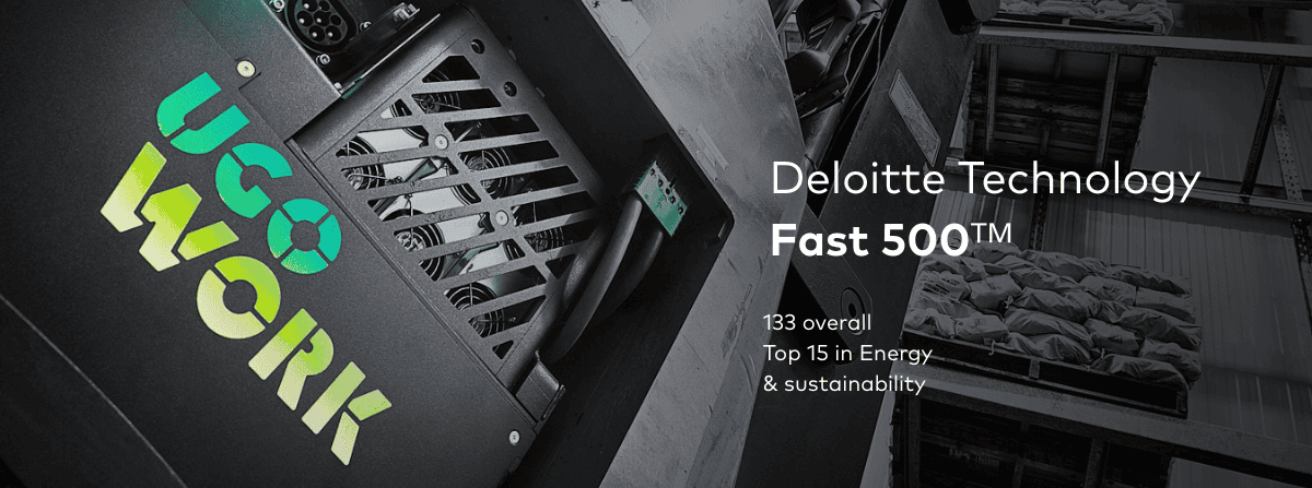 UgoWork battery in a forklift with a mention of their ranking at place 133 overall et in the 15th segement of energy and sustainability