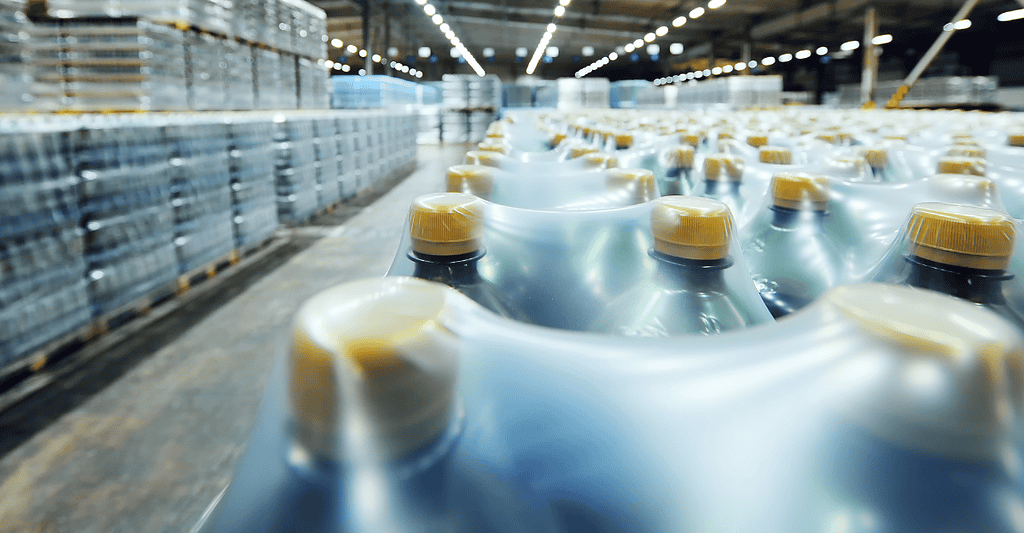 Rows of shrink-wrapped industrial liquid containers stored in a large warehouse