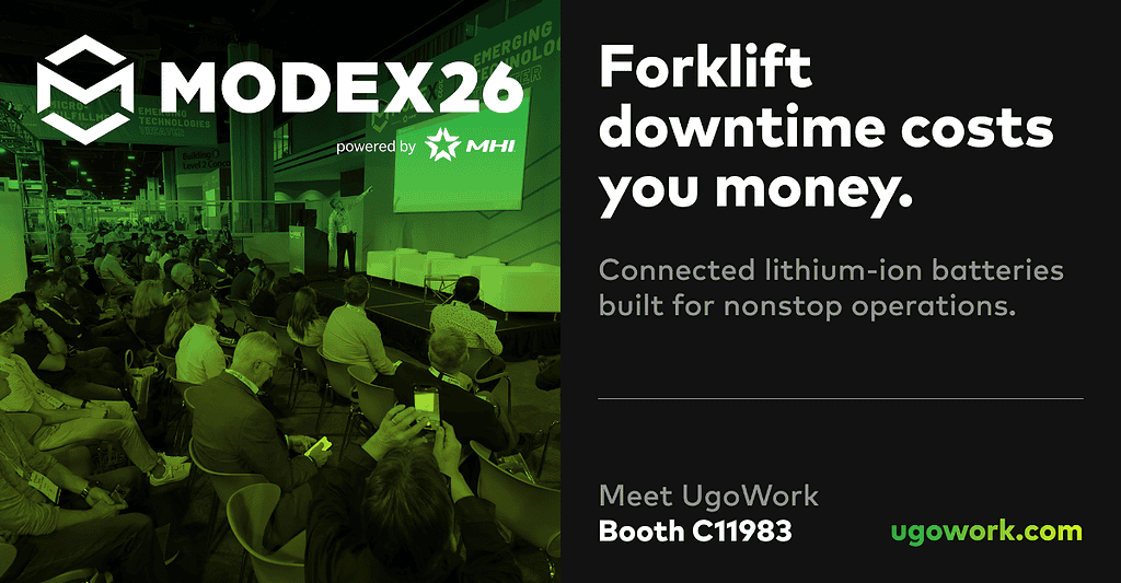 UgoWork MODEX 2026 trade show promotion for connected lithium-ion forklift batteries booth C11983